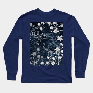 Heron bird on dark background with magnolia e sakura tree Long Sleeve T-Shirt